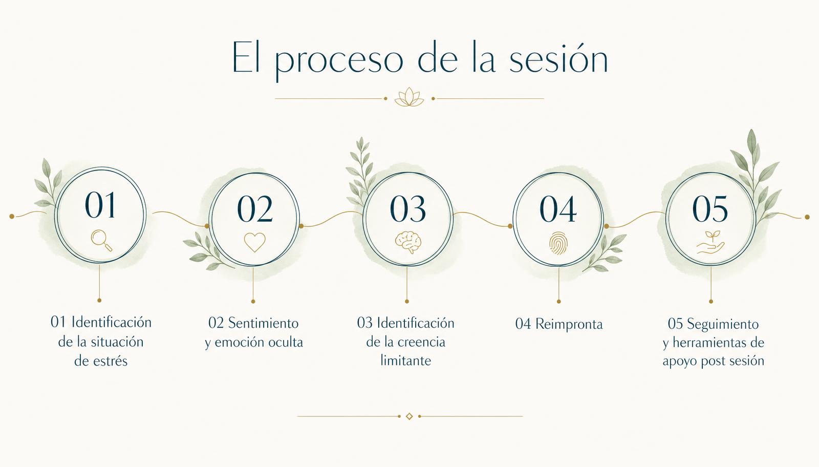 Proceso de la sesión en 5 pasos: identificación de la situación de estrés, sentimiento y emoción oculta, creencia limitante, reimpronta y seguimiento post sesión